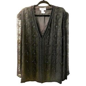 JOVANI vintage beaded evening jacket. Deep V-neck, sheer sleeves. Sz 20